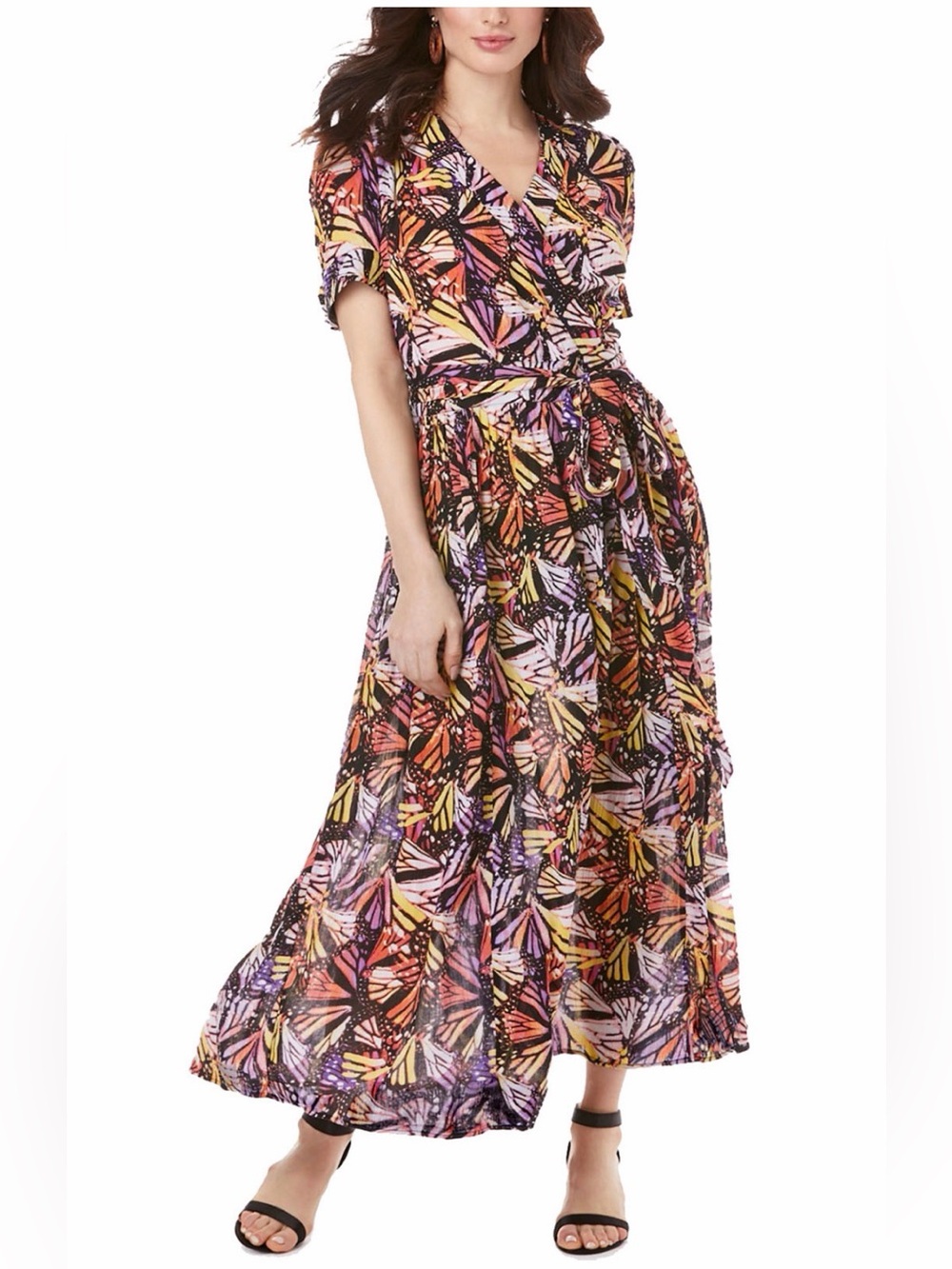 Roaman's Monarch Butterfly Dress Short Sleeve Tie Waist VNeck Long Maxi 6X 42/44